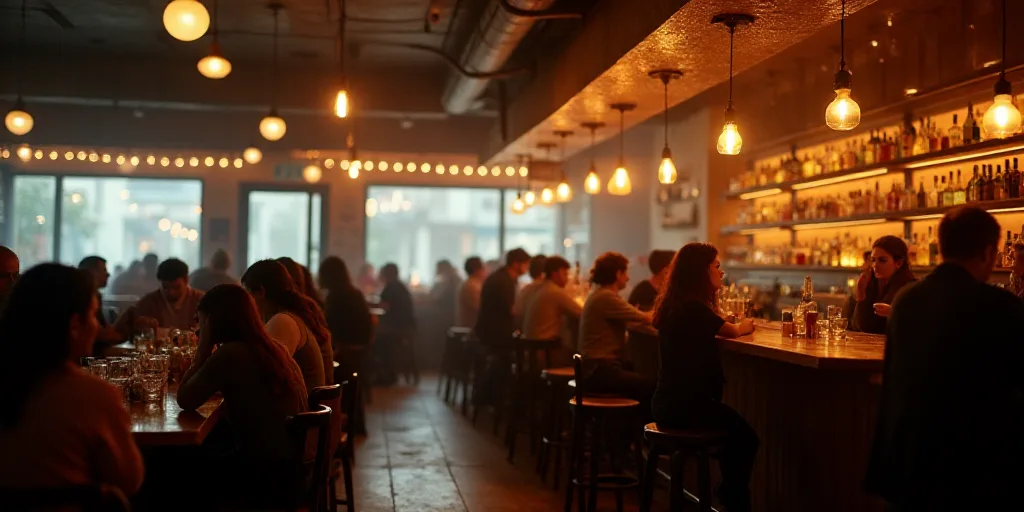 a crowded bar with many people sitting at tables and a bar with many bottles on the shelves and ligh