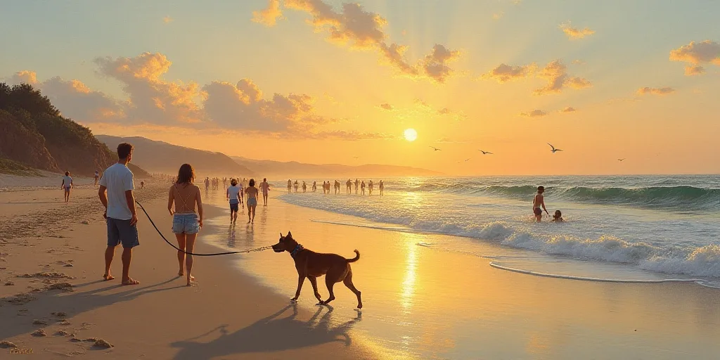a crowded beach with people walking and playing in the water at sunset or sunrise or sunset time, wi