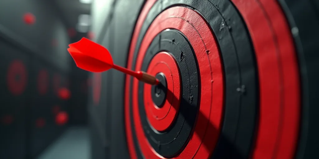 a dart hitting a target with a red bulls eye on it's side, with a line of red and black lines in the