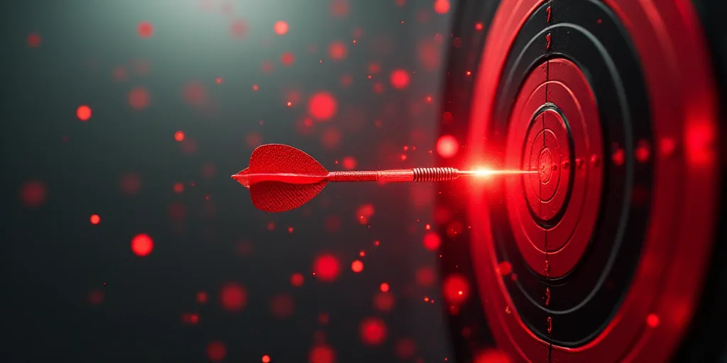 a dart hitting a target with a red bulls eye on it's side, with a line of red and black lines in the