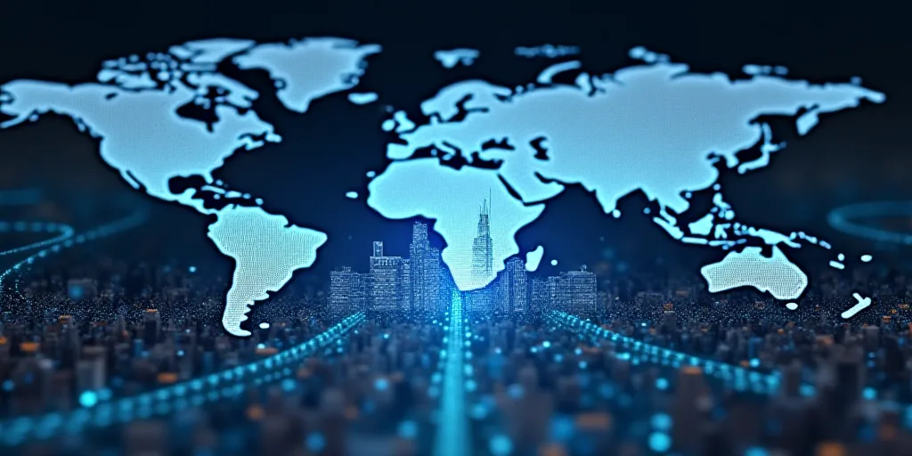 a digital image of a city with a 5g sign in the middle of it and a map of the world in the backgroun