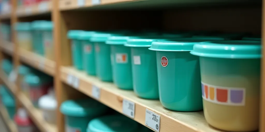 a display of tupperware on a shelf in a store or storeroom with tags on the lids, Allen Tupper True,
