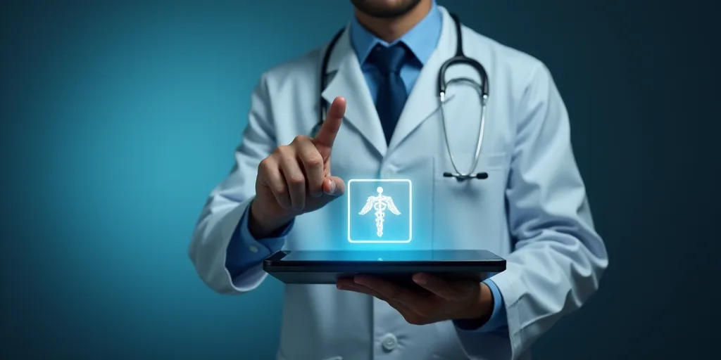 a doctor is holding a tablet with a medical icon on it and pointing at it with a finger in the air,