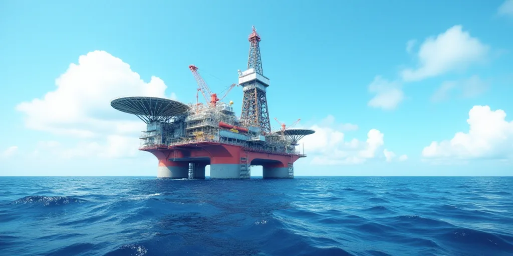 a drilling rig in the middle of the ocean with a sky background and a blue sky above it, with a few