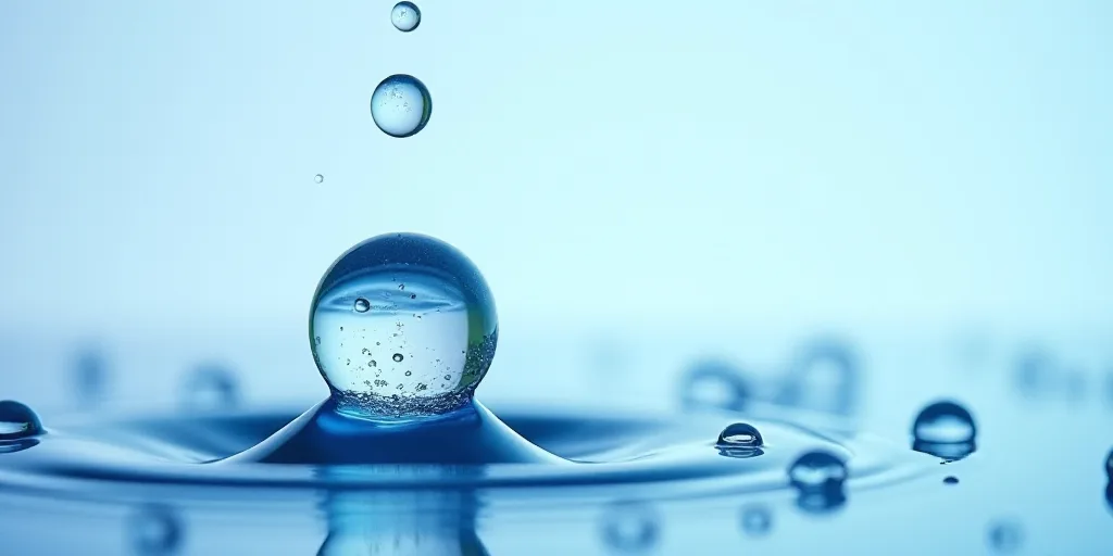 a drop of water is shown in front of a structure of water and bubbles, with a light blue background,