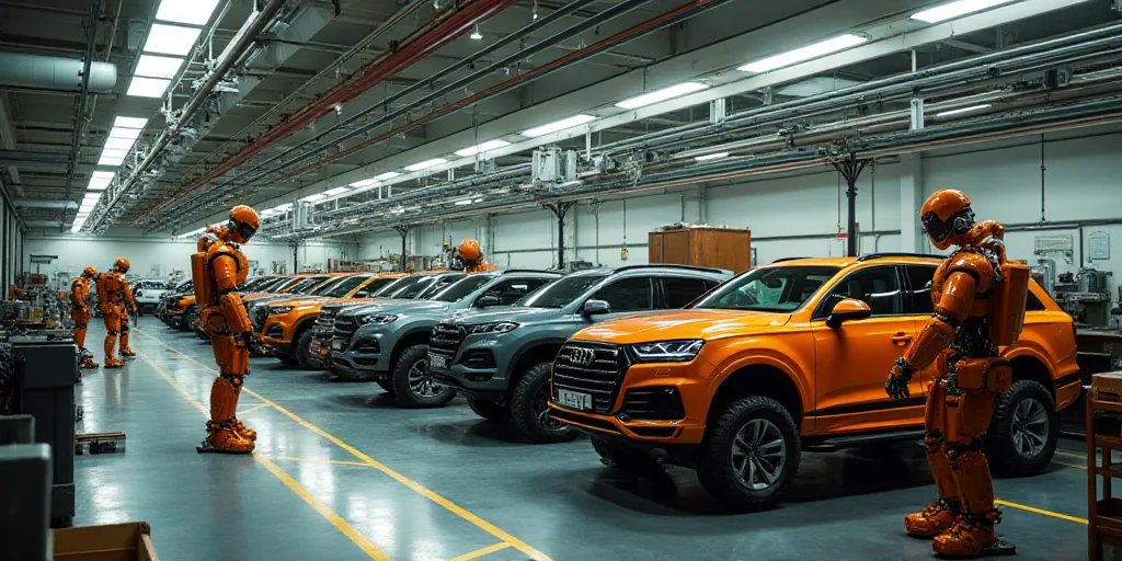 a factory with cars on assembly line and trucks on the assembly line and workers on the assembly lin