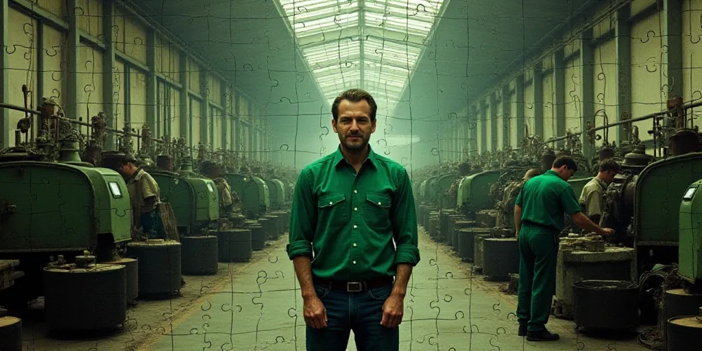 a factory with workers and machinery in the background and a man in a green shirt standing in the ce