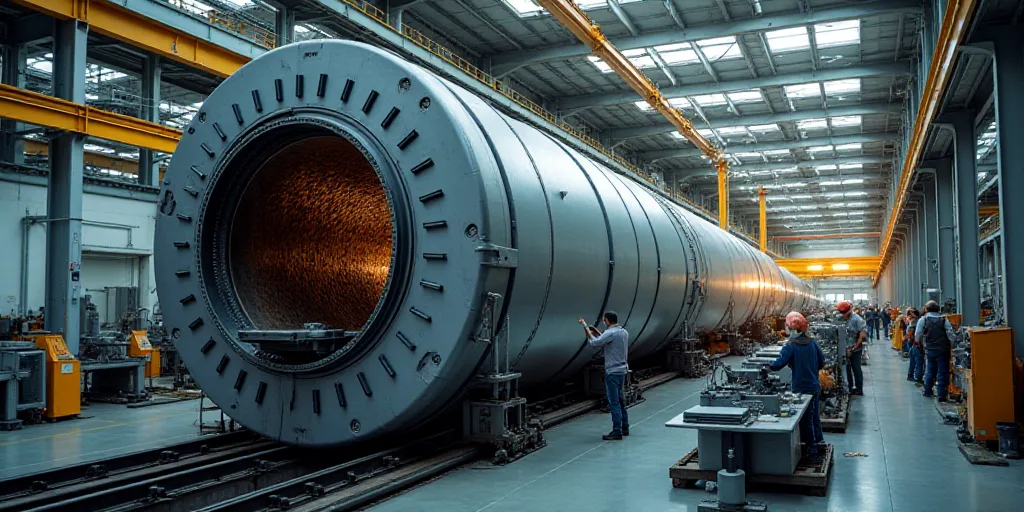 a factory with workers working on a large machine in the process of assembly and assembly of a large