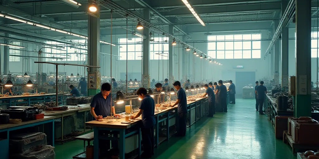 a factory with workers working on machines and other items in it's assembly line, with workers worki