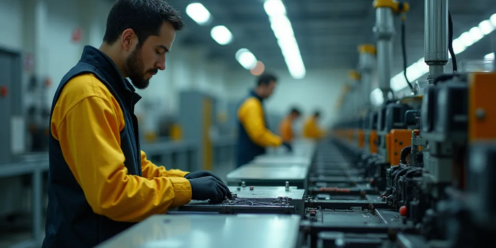a factory worker working on a machine in a factory with other workers in the background looking on t