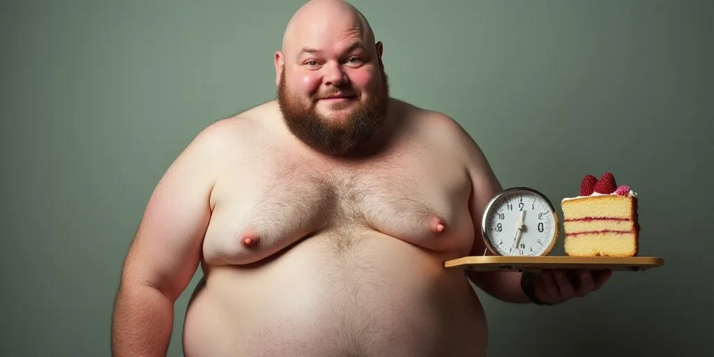 a fat man holding a scale and a piece of cake in his hand while holding a piece of cake, Évariste V