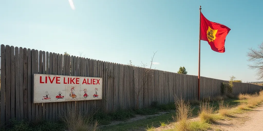 a fence with a sign that says live like alex next to a flag and a sign that says live like alex, Car