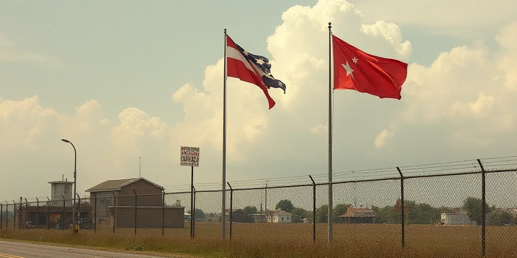 a fence with two flags on top of it and a fence with a fence in the background with a building in th