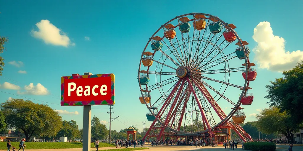 a ferris wheel and a sign that says peace in front of a park with a blue sky in the background, Fede