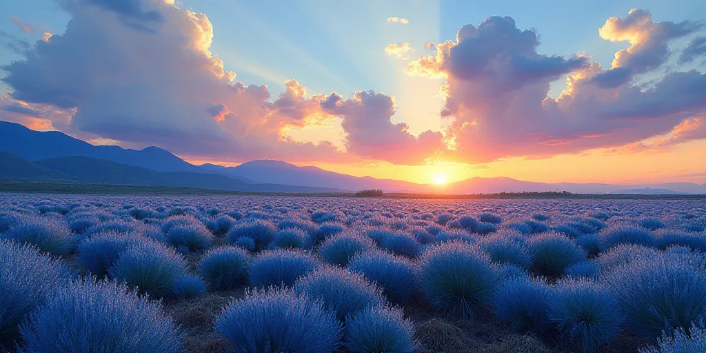 a field of blue agoea plants under a cloudy sky with mountains in the background at sunset or dawn,