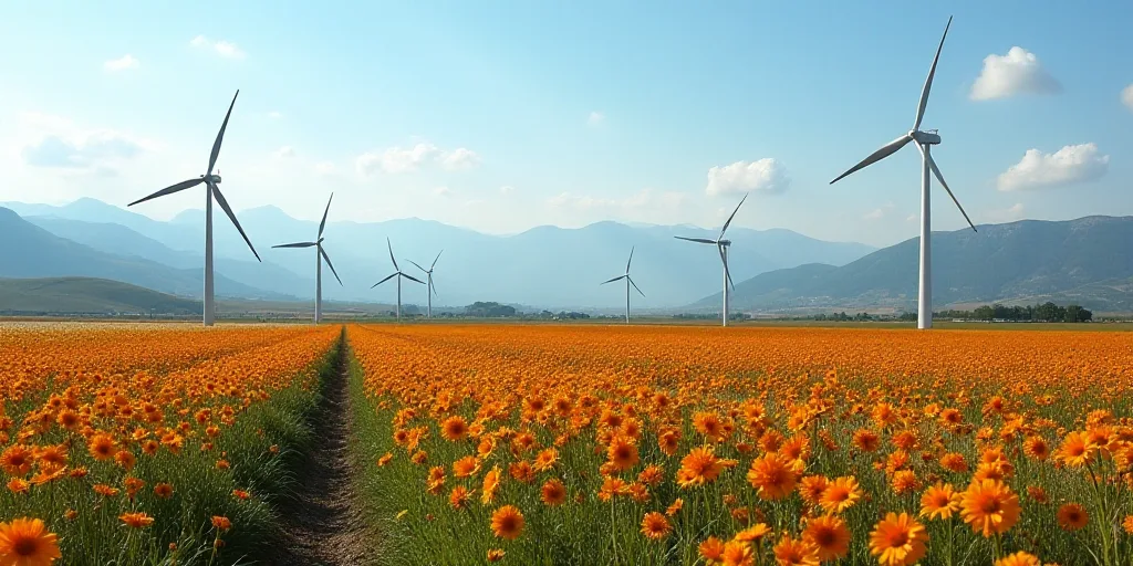 a field of flowers and a bunch of windmills in the background with mountains in the distance in the