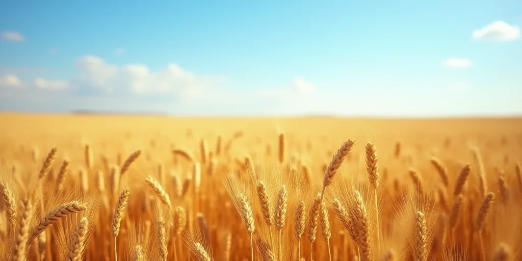 a field of wheat ready to be harvested in the fall or winter time, with a blue sky in the background
