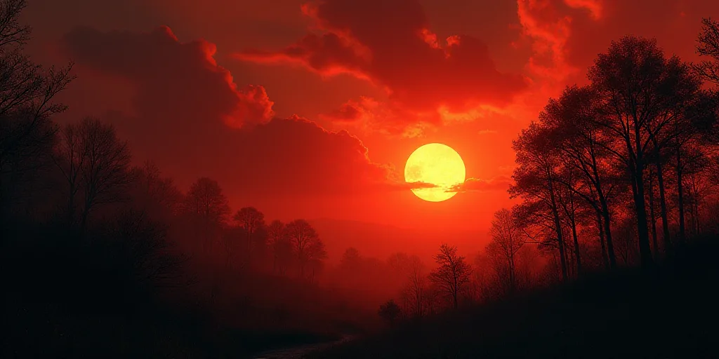 a fire blazing in the sky over a forest filled with trees and bushes at night time with red lighting