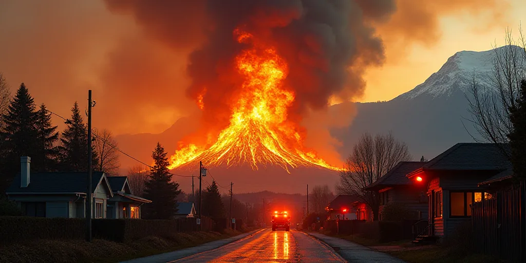 a fire is burning in a town with a mountain in the background and a fire truck in the foreground, Ch