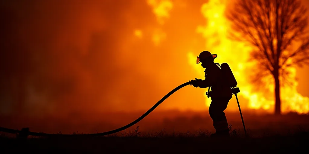 a firefighter is silhouetted against a blazing background of trees and a fire hose in the foreground