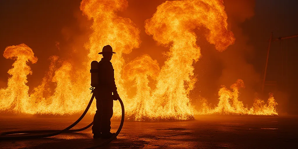 a fireman is standing in front of a fire with a fire hose in his hand and a fireman in a fire suit,