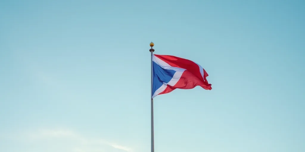 a flag flying high in the sky on a pole with a flag on top of it and a red and blue flag on the pole