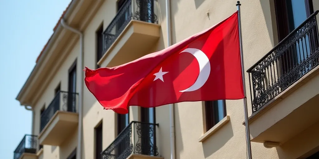 a flag flying in front of a building with a balcony and balconies on the second floor of the buildin