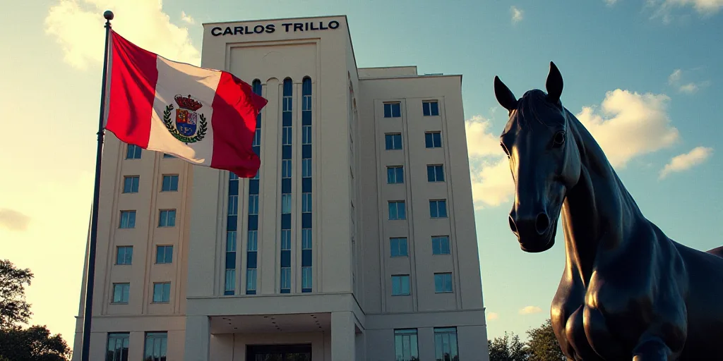 a flag flying in front of a tall building with windows in the background and a horse statue in the f