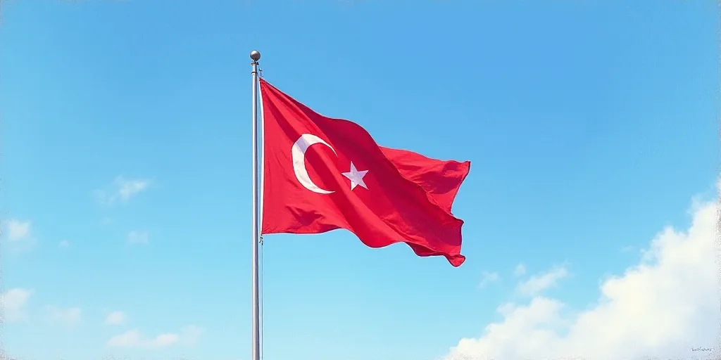 a flag flying in the wind with a blue sky in the background and a cloudless sky in the background, C