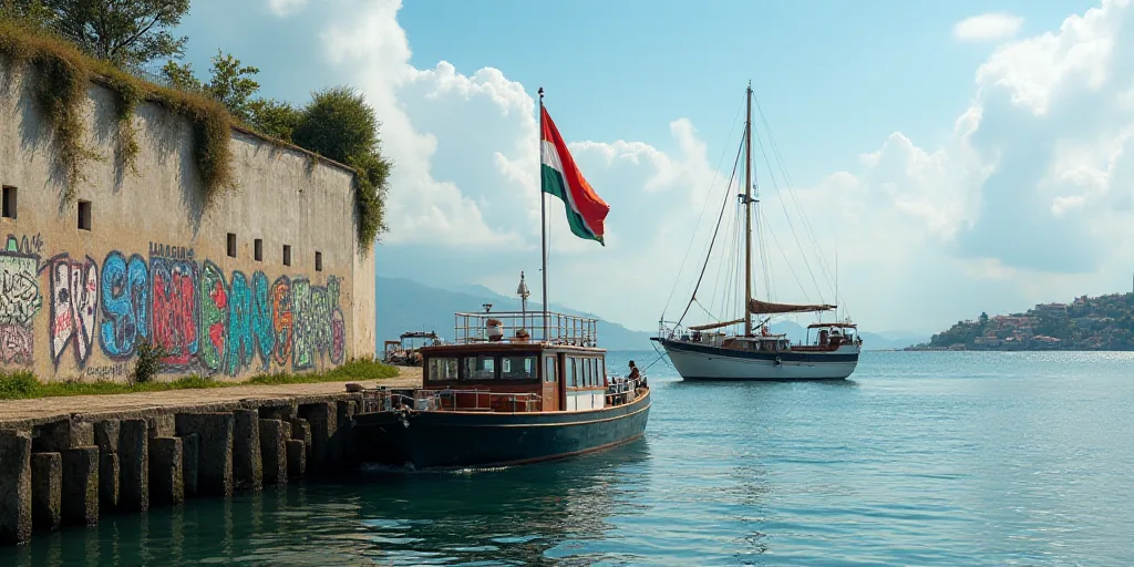 a flag flying on a boat in the water near a dock and a wall with graffiti on it and a boat in the wa