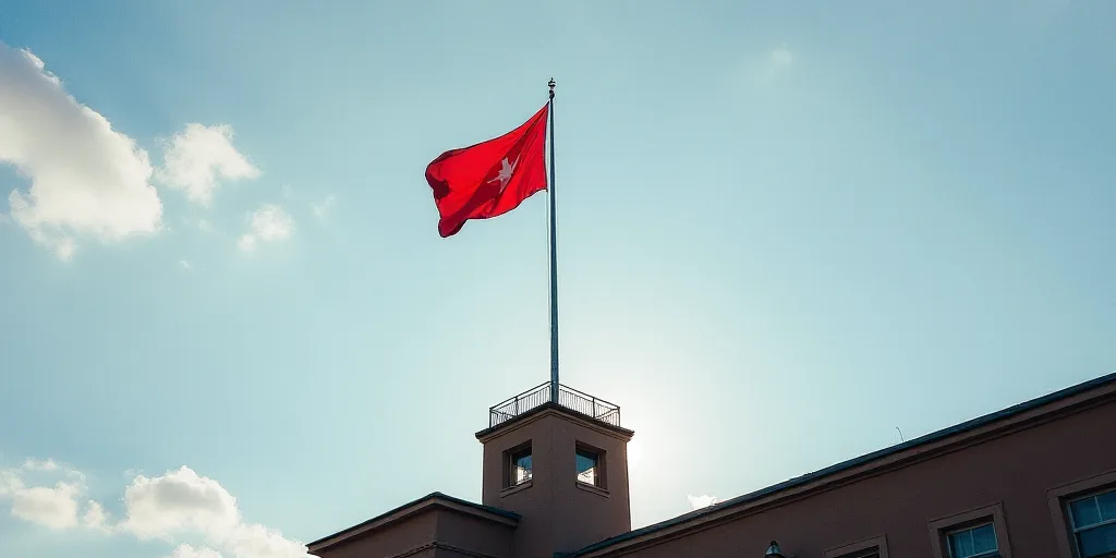a flag flying over a building with a flag pole in front of it and a flag on top of a building