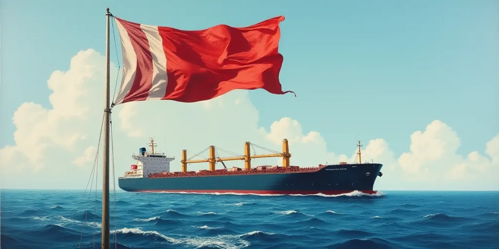 a flag is flying in front of a large ship in the ocean with a flag pole in the foreground, Eduardo L