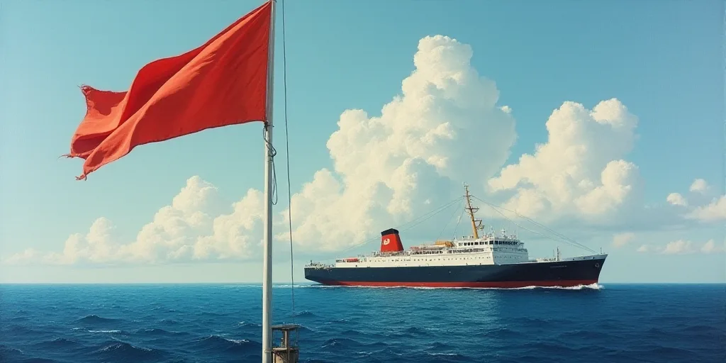a flag is flying in front of a large ship in the ocean with a flag pole in the foreground, Eduardo L