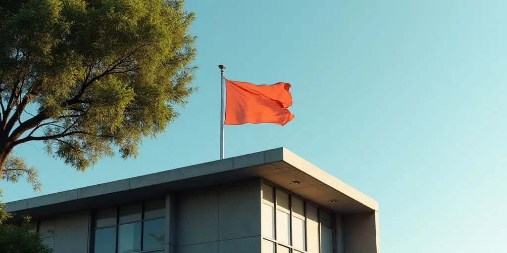 a flag on top of a building with a tree in the background and a sign in the foreground, Altichiero,