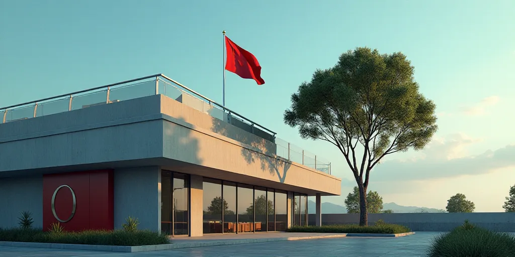 a flag on top of a building with a tree in the background and a sign in the foreground, Altichiero,