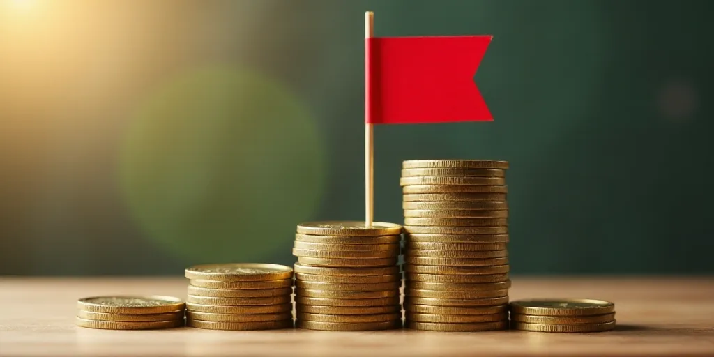 a flag sticking out of a pile of coins with a flag on top of it and a flag on top of the stacks, Cho