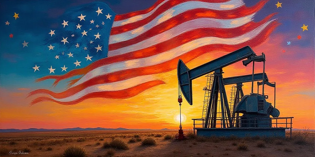 a flag with a picture of oil pumps in front of it and a rainbow background with stars on it, Evelyn