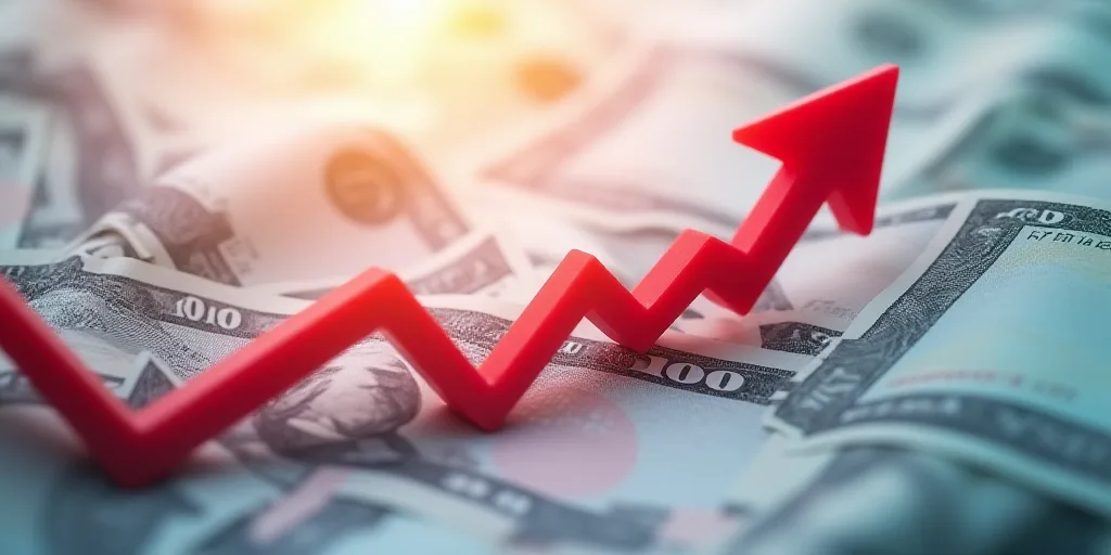 a flag with a red arrow on it and money in the background of it, with a stock market graph in the fo