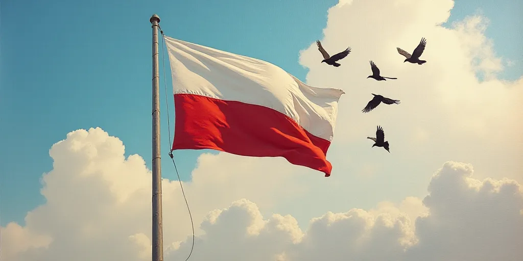 a flag with birds flying around it in the sky above it and a flag pole in the foreground, Andrey Yef
