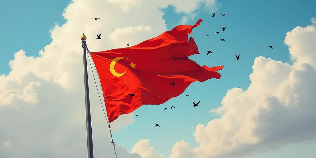 a flag with birds flying around it in the sky above it and a flag pole in the foreground, Andrey Yef