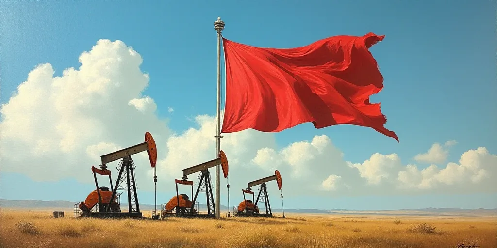a flag with oil pumps and a flag in the background with a sky background and clouds in the foregroun