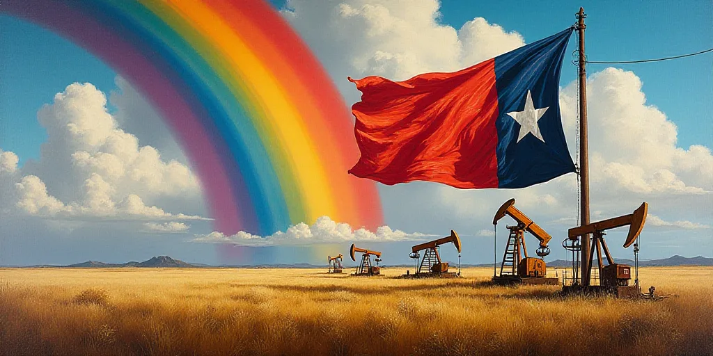a flag with oil pumps and stars on it and a rainbow background with clouds in the sky behind it, Edu