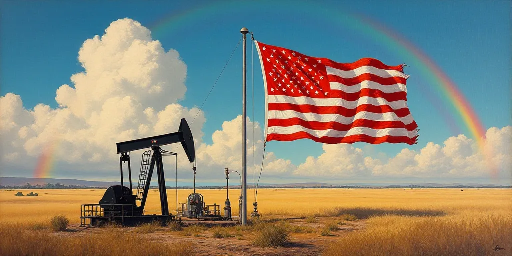 a flag with oil pumps and stars on it and a rainbow background with clouds in the sky behind it, Edu