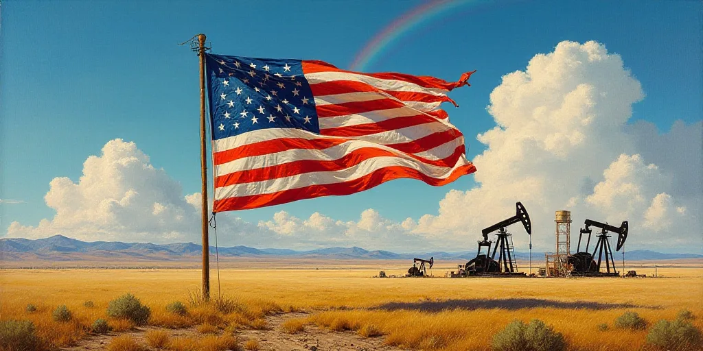 a flag with oil pumps and stars on it and a rainbow background with clouds in the sky behind it, Edu