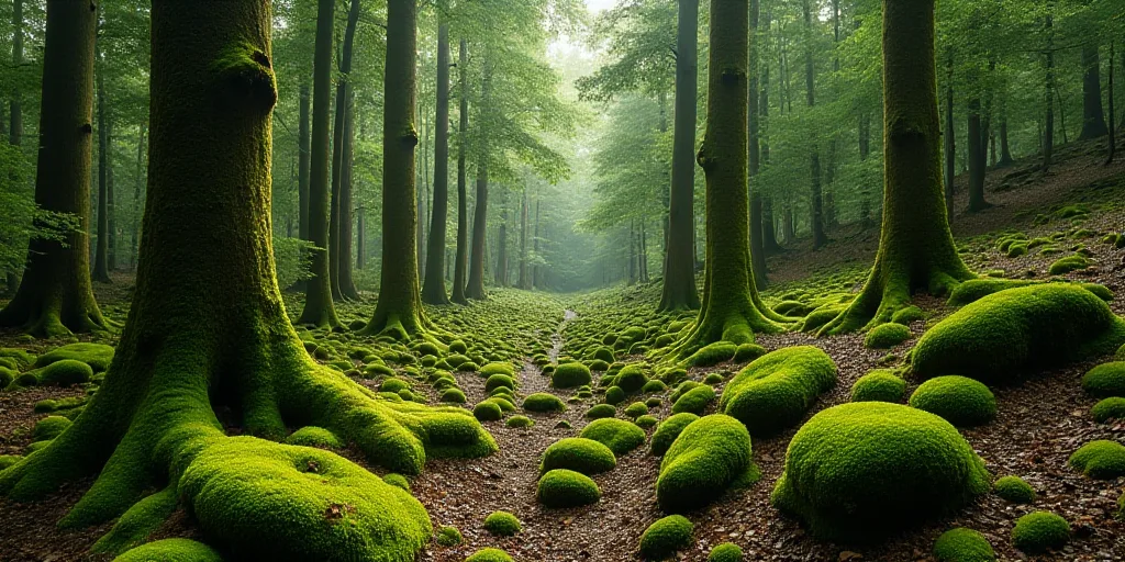 a forest filled with lots of trees covered in mossy rocks and trees with moss growing on them and mo