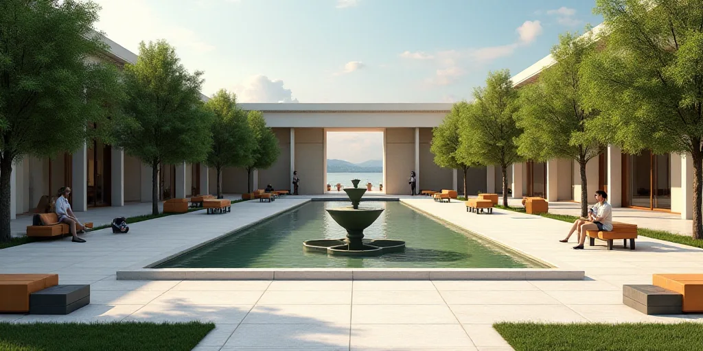 a fountain in a courtyard with a fountain in the middle of it and a couple of people sitting on benc