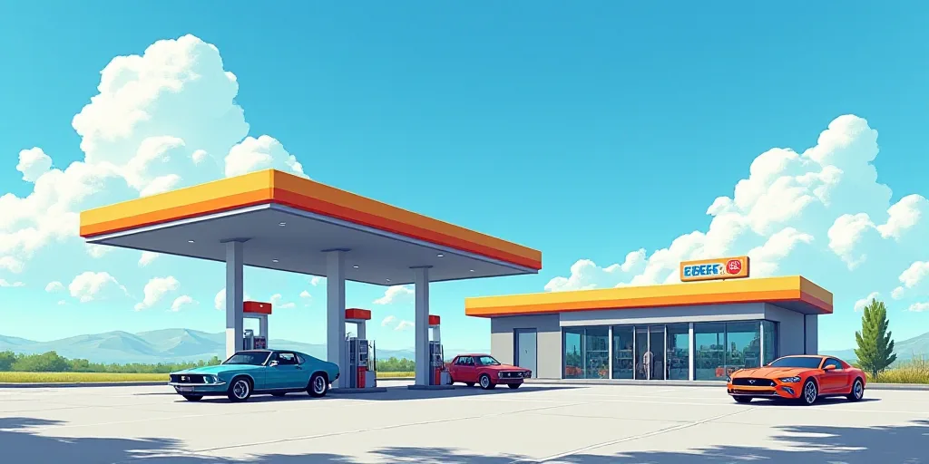 a gas station with a bright blue sky and clouds in the background and a few cars parked at the gas p