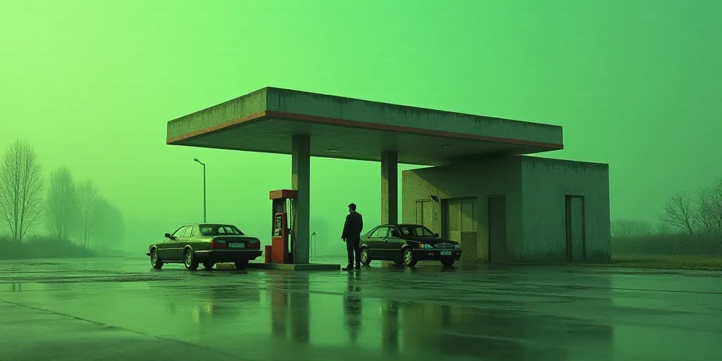 a gas station with cars parked in it and a man standing in the doorway of the station with a gas pum