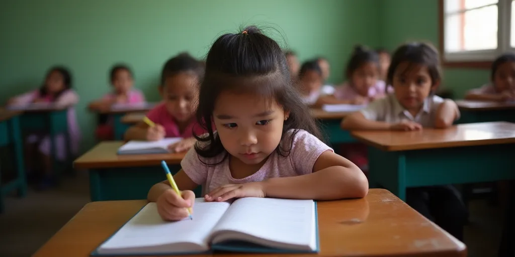 a girl is writing in a book while other children watch from the back of a classroom room with desks,