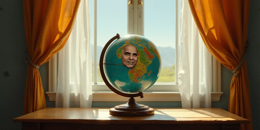 a glass globe with a picture of a person in it on a table in front of a window with curtains, Edi Ra